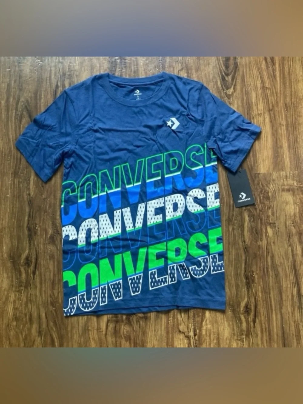 Converse Navy Graphic Tee with Blue & Green Logo Boys Size Large New